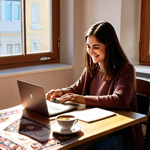 Home 11 **
A young woman sitting at a desk in a cozy Istanbul apartment, using a Trello board on her laptop to organize her study schedule. Sunlight streams in through the window, illuminating the Turkish rug and a small cup of Turkish coffee on her desk. She's smiling, feeling motivated and in control of her learning journey. Keywords: study, organization, Trello, Istanbul, Turkish coffee, motivation, home office, learning.
**