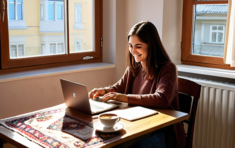 **

A young woman sitting at a desk in a cozy Istanbul apartment, using a Trello board on her laptop to organize her study schedule. Sunlight streams in through the window, illuminating the Turkish rug and a small cup of Turkish coffee on her desk. She's smiling, feeling motivated and in control of her learning journey.  Keywords: study, organization, Trello, Istanbul, Turkish coffee, motivation, home office, learning.

**